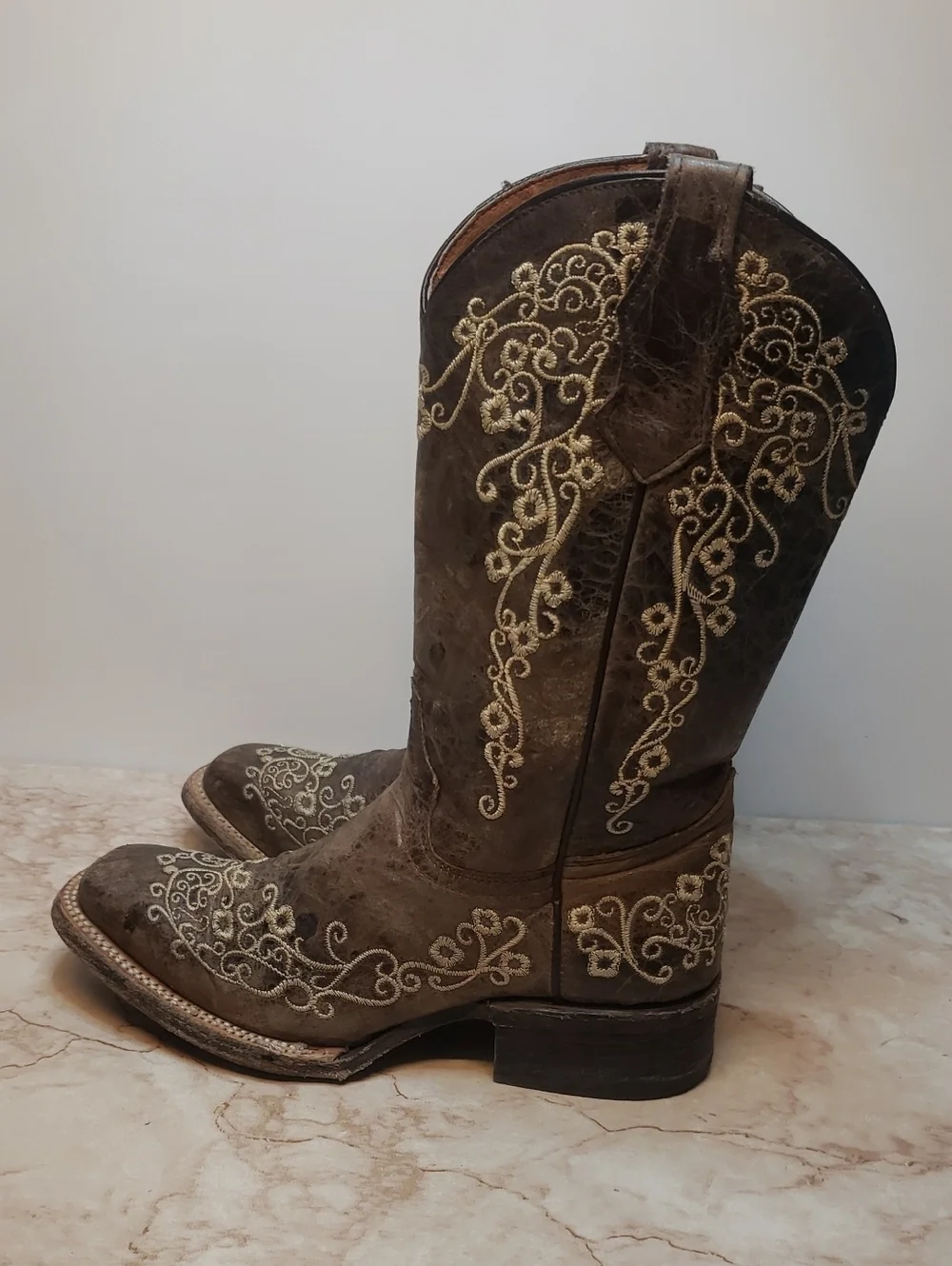 Corral  Brown Western Youth Embroidered Heeled Squear Toe Boots Size 3.5